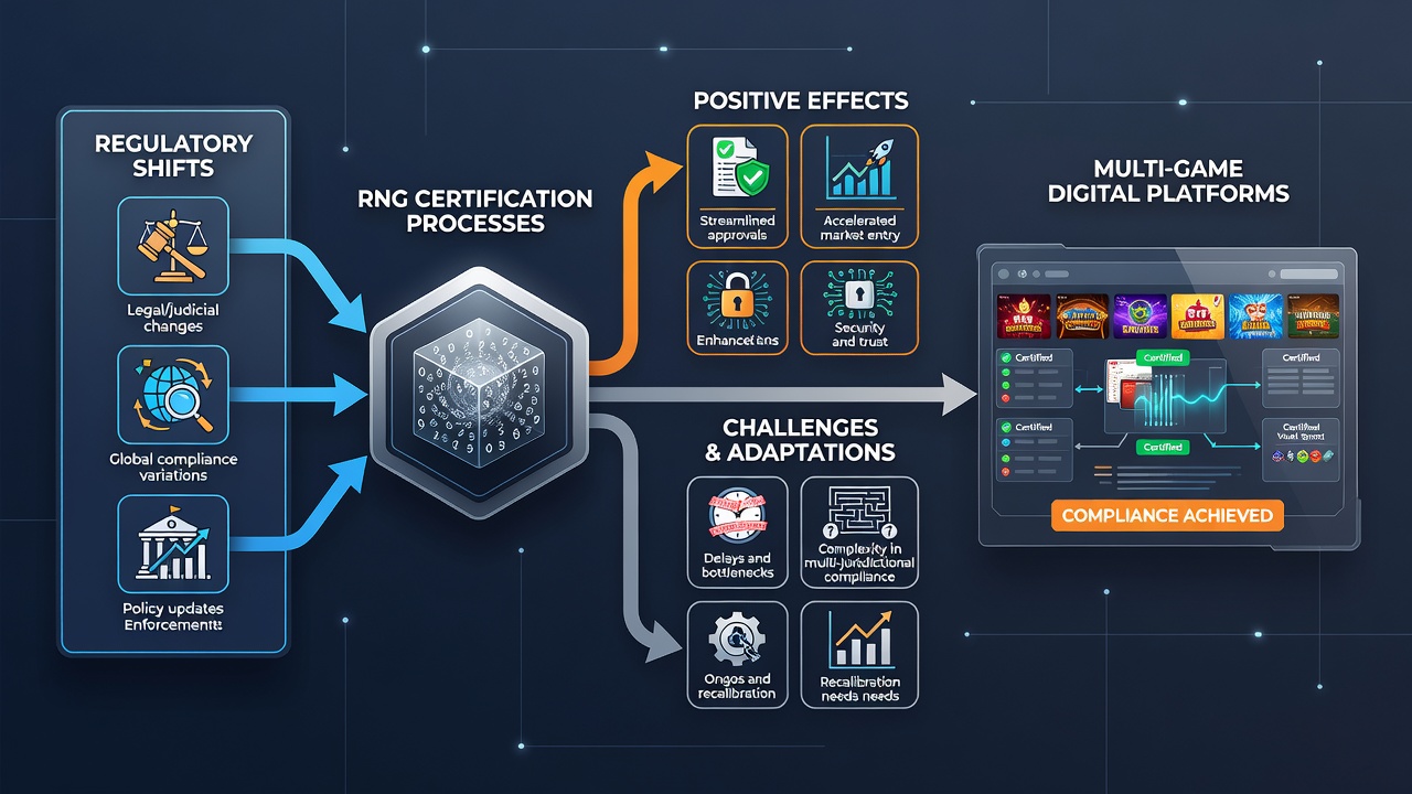 Multi-game digital platform dashboard displaying RNG certification metrics and compliance indicators